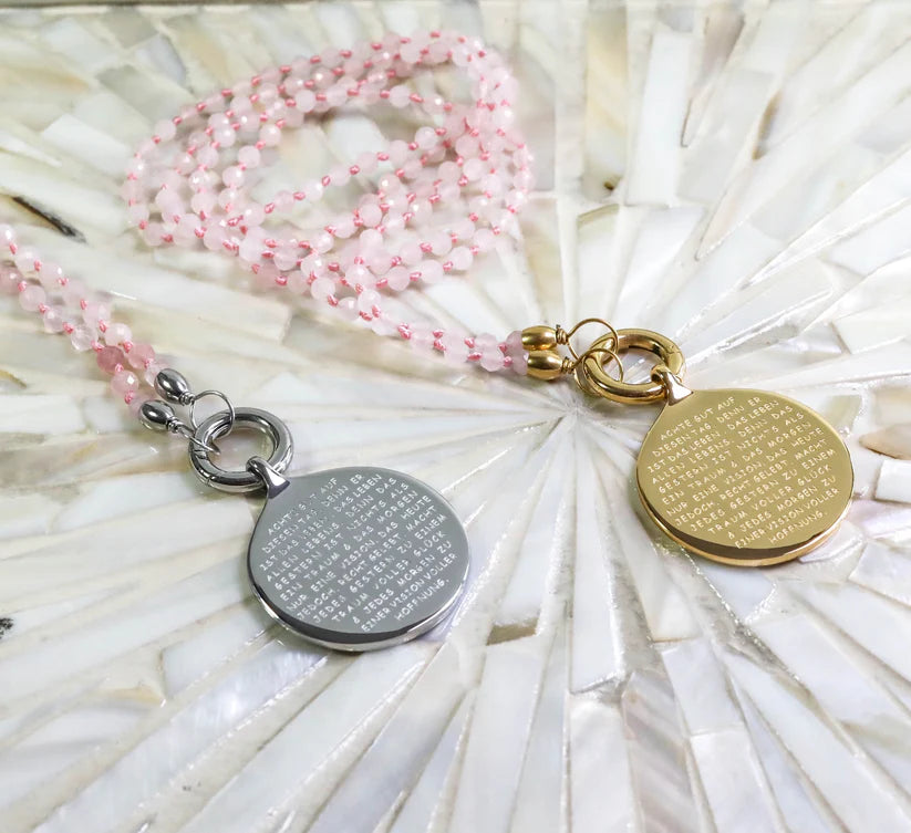 Rosenquarz Edelsteinkette "ACHTE GUT"